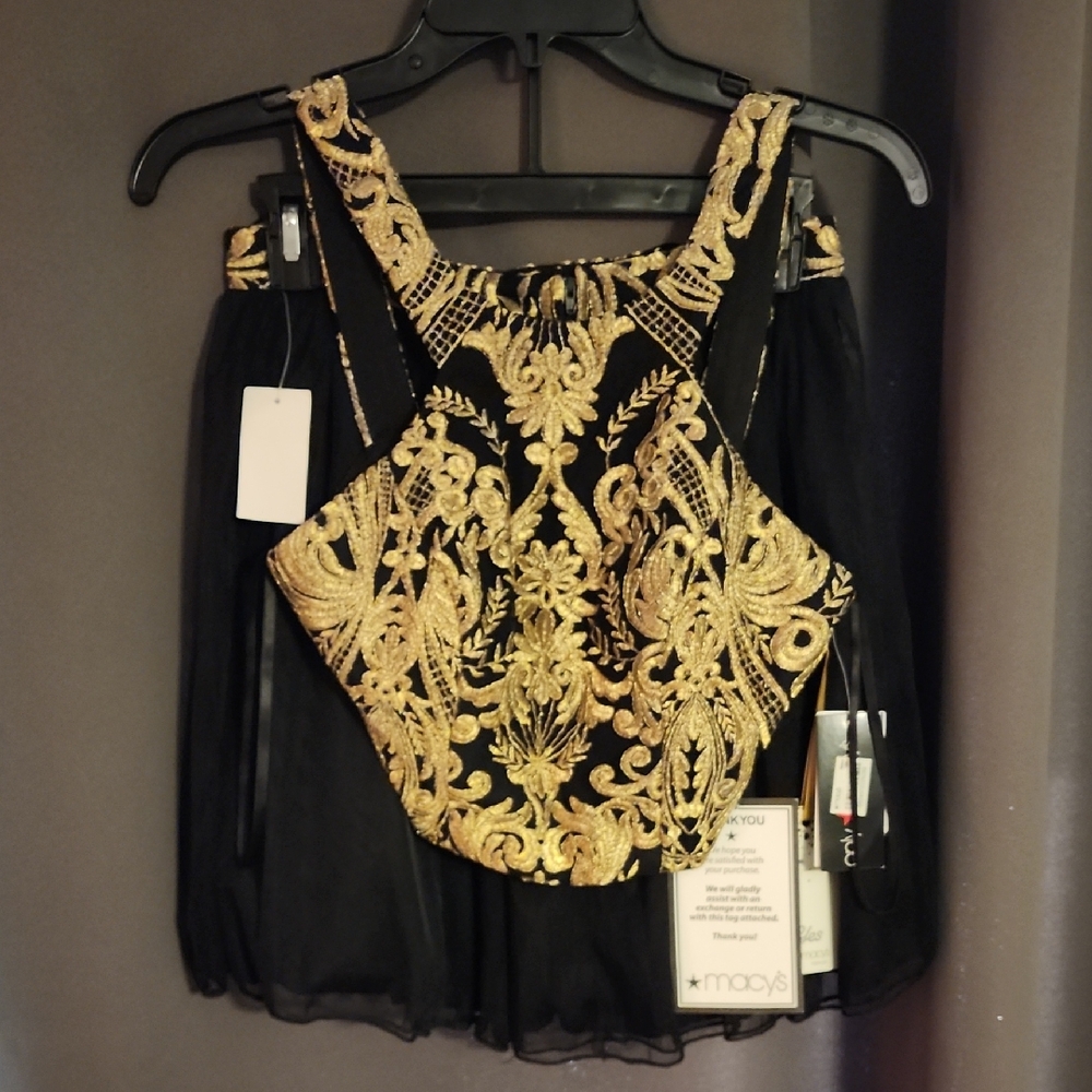 Macy's Black and Gold Embroidered two piece dress